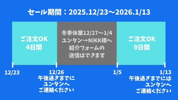 NiKK映像様の年末年始のお休み　2025年
ユンタン紹介注文はこう